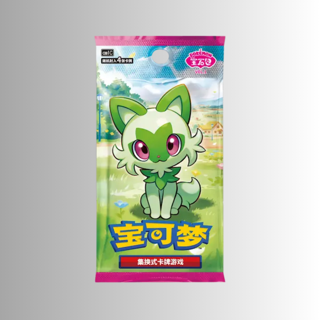 Pokémon trading card game packaging with a cartoon character on a gray background