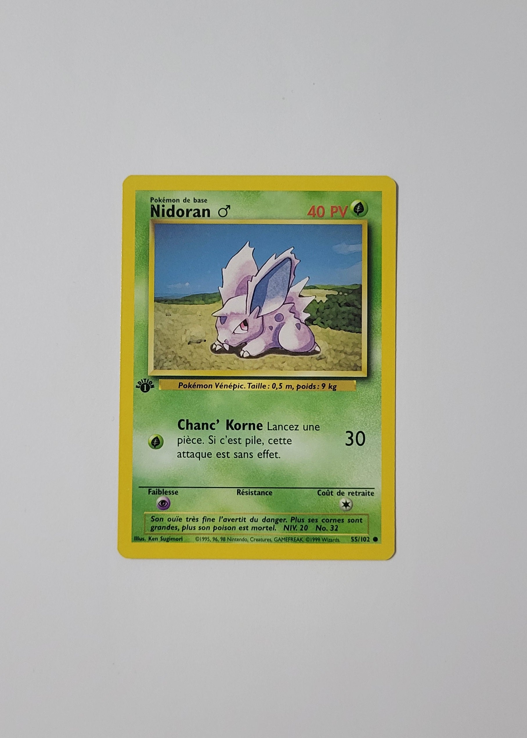 1995 nidoran pokemon card Nidoran♂ 55/102 Wrap:No Wrap this attack does nothing. blue color on the for-kids