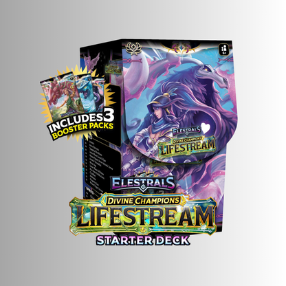Flestrals Divine Champions Lifestream Starter Deck box art on a light gray background, with an inset showing a booster pack and text stating it includes 3 booster packs.