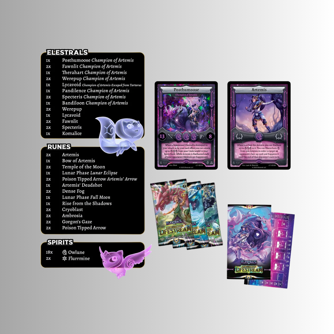 A product display of a Magic: The Gathering card set, featuring the 'Elstrals' rulebook, 'Runes' rulebook, 'Spirits' rulebook, and several 'Elstrals of Arthmos' booster packs arranged on a light gray gradient background.