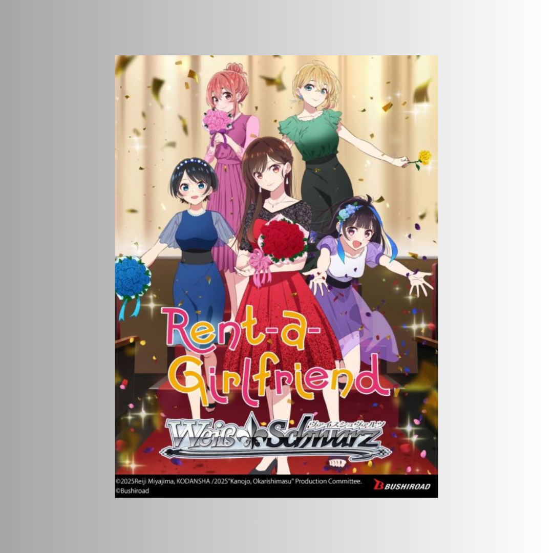 A vertical anime poster for 'Rent-a-Girlfriend Weiss Schwarz featuring five illustrated female characters in colorful outfits against a champagne-colored party background with confetti and sparkles. The title text is prominently displayed in the center, with the Bushiroad logo at the bottom right.